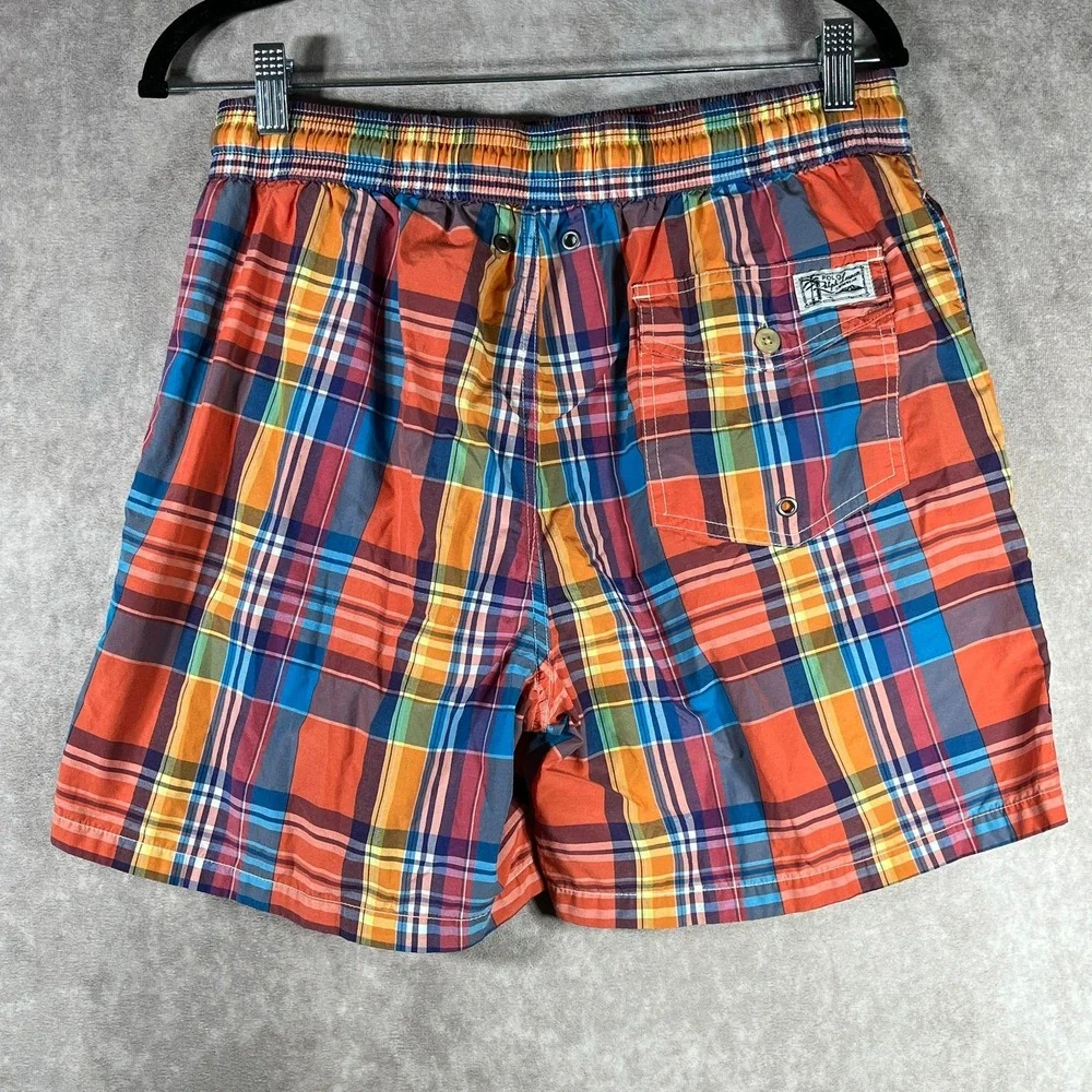 Polo Ralph Lauren Swim Shorts Mens‎ Medium Red Blue Plaid Drawstring Mesh Preppy